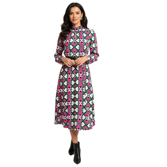 Bold Retro Geometric Print Midi Shirt Dress w/ Belt – Pink Green White S M L - Picture 1 of 8